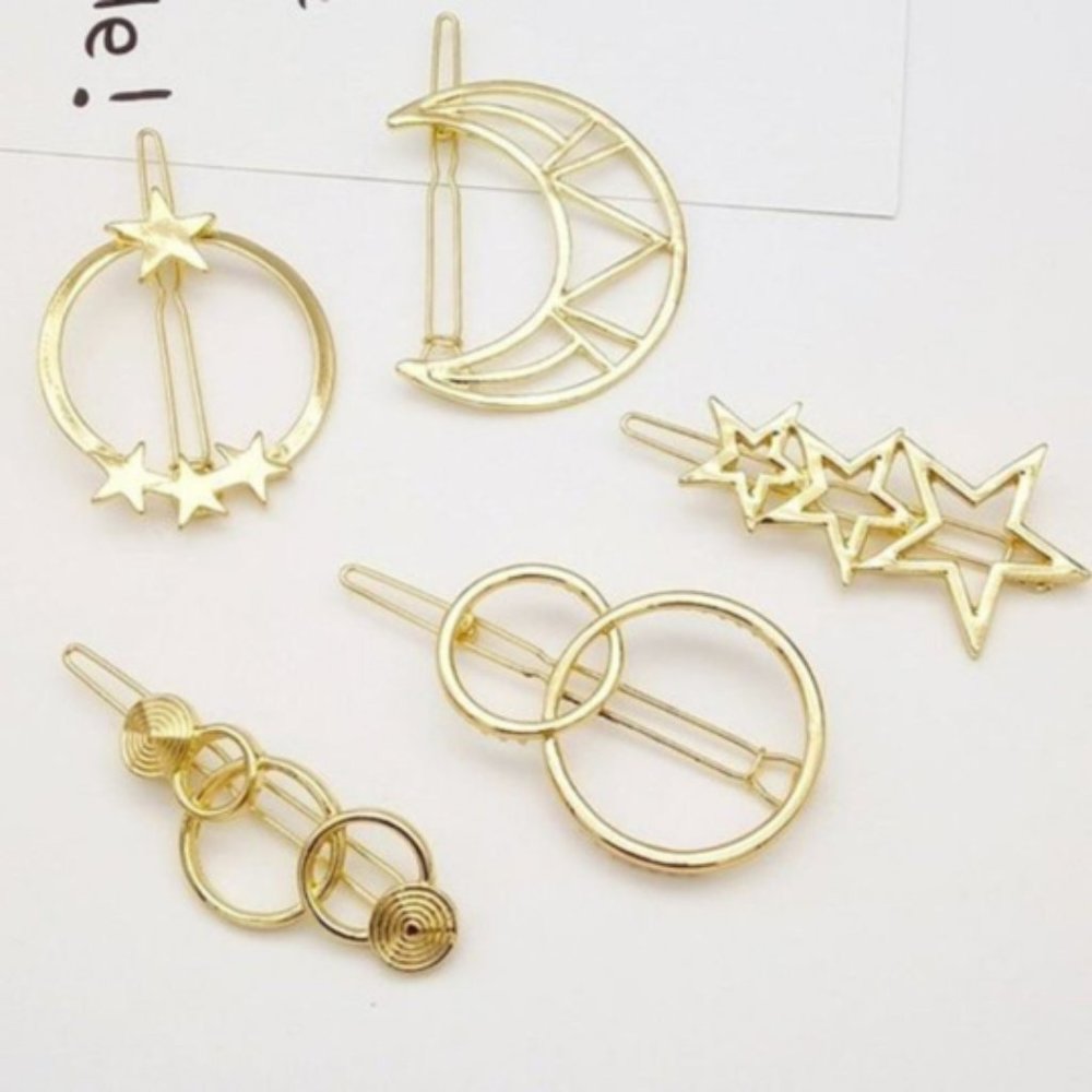 Gold Tone Moon Stars Geometric Shape Hair Clip Set of 5